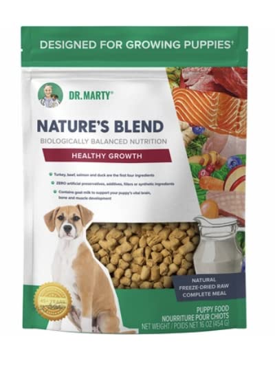 Dr. Marty Nature's Blend for Puppies freeze-dried raw dog food bag promoting immunity support and balanced energy.