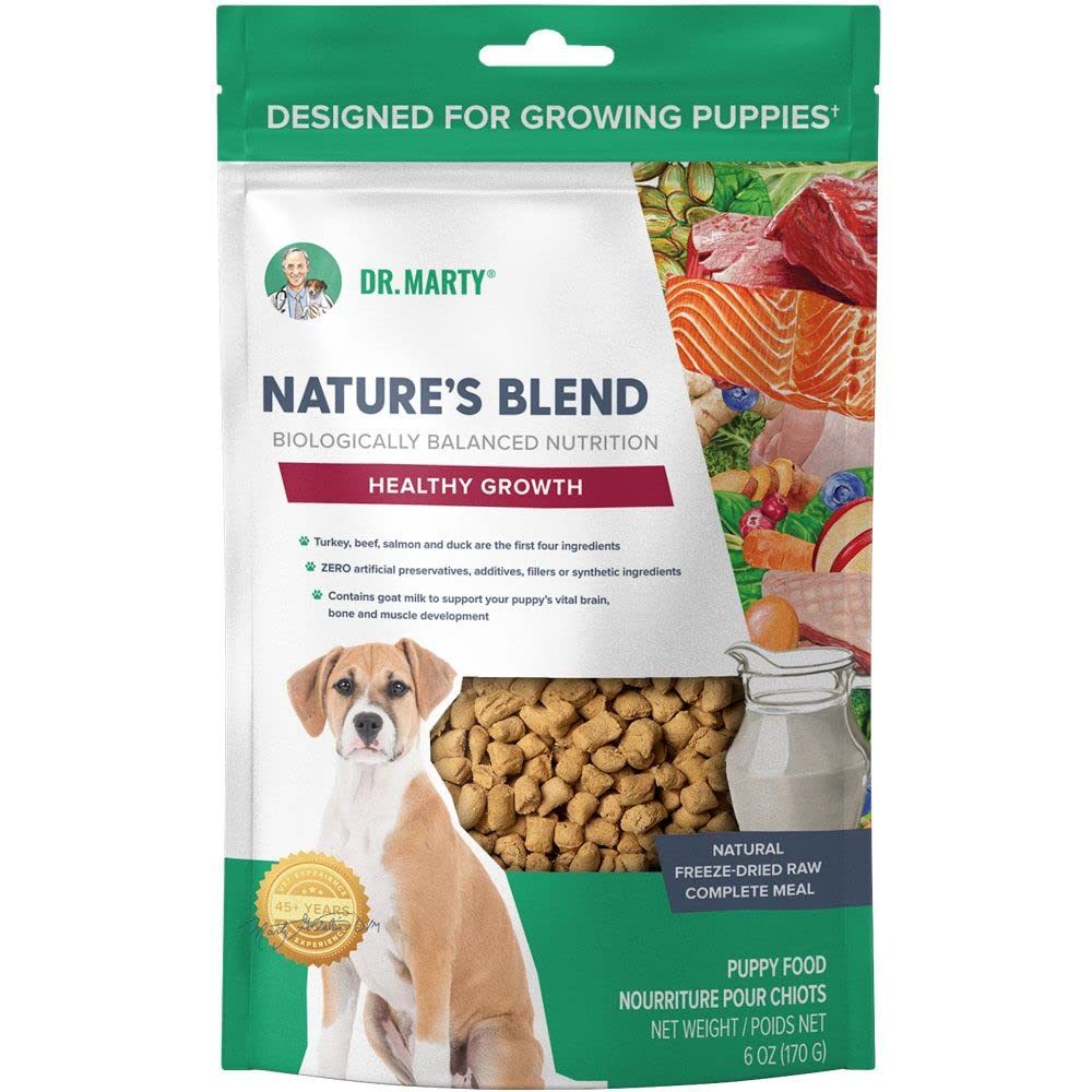 Dr. Marty Nature's Blend Puppies packaging shows premium meats and veggies for immune support