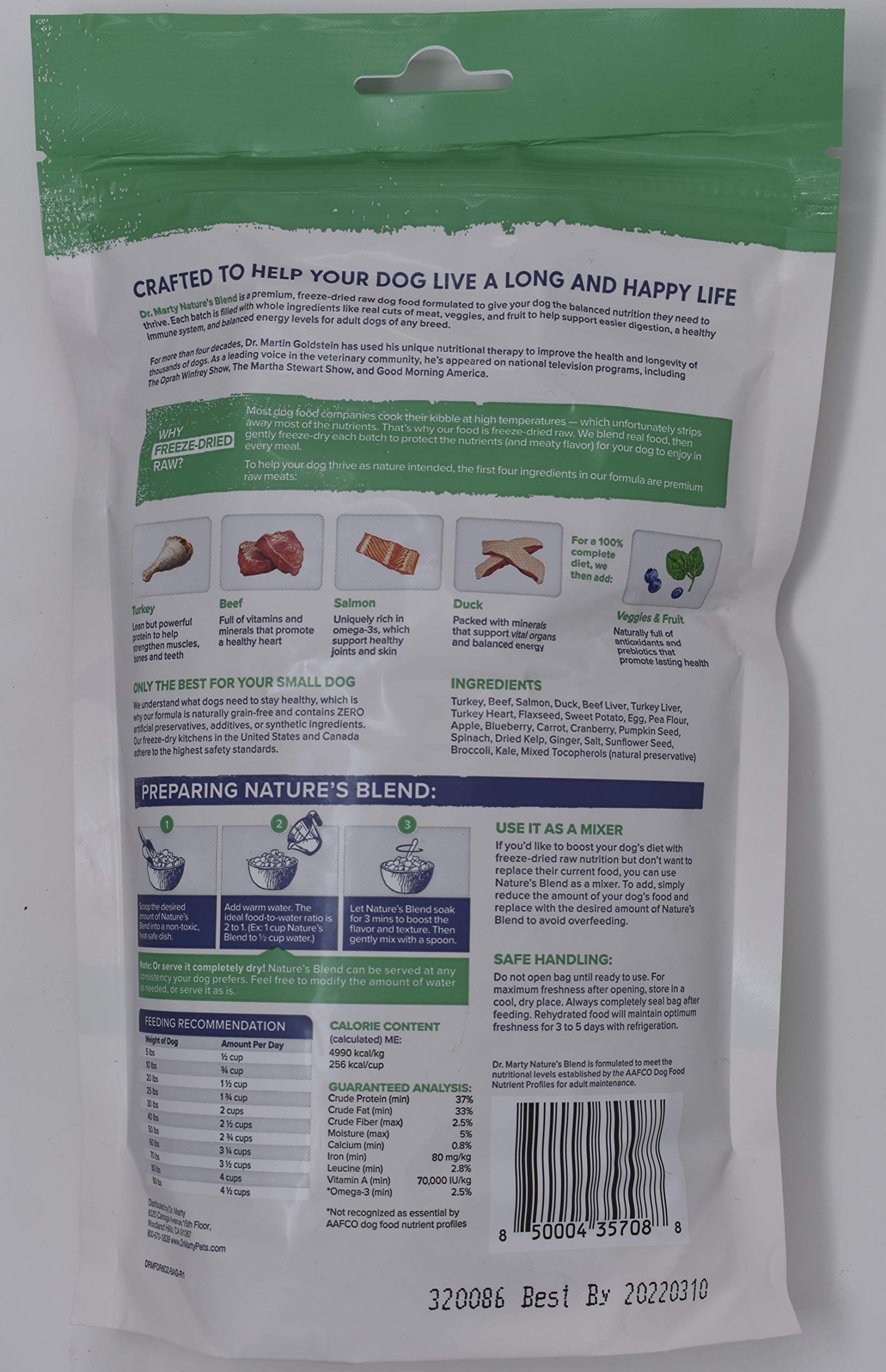 Dr. Marty Nature's Blend ingredient closeup shows real meats and fruits for balanced nutrition.