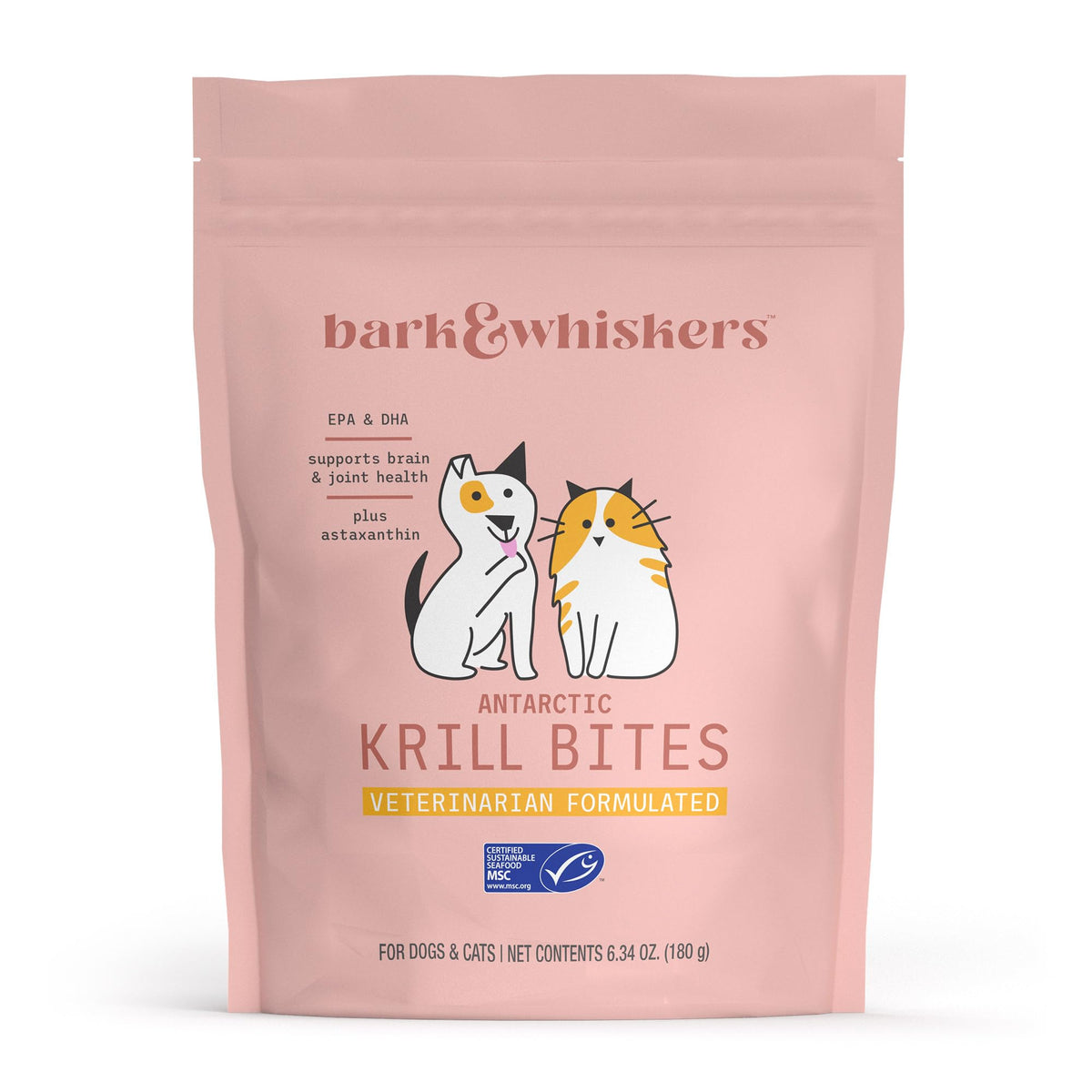 Dr. Mercola Bark and Whiskers Krill Bites bag front showing vet-formulated omega-3 wellness