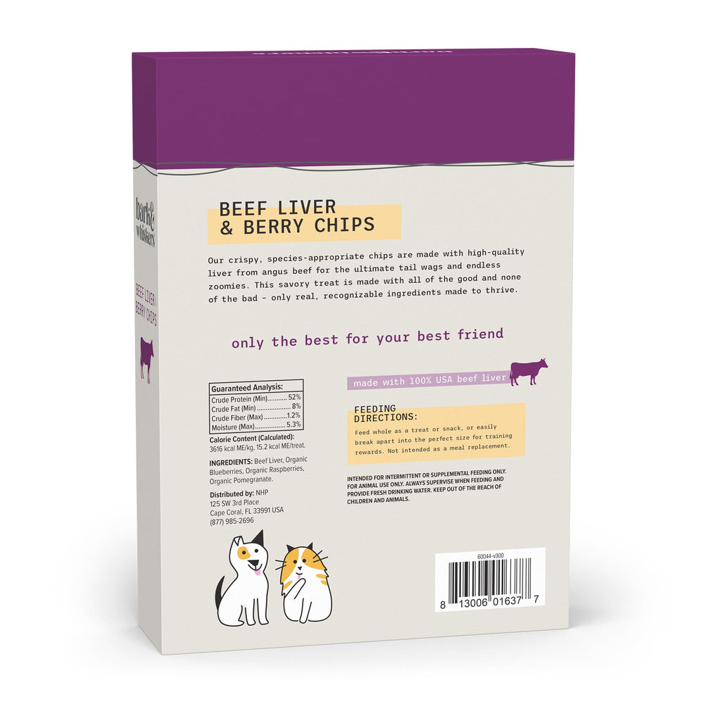 Dr. Mercola Bark & Whiskers beef liver chips closeup showing natural berry ingredients for digestion support.