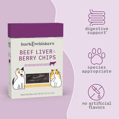 Dr. Mercola Bark & Whiskers ingredients closeup highlighting USA-sourced beef liver and berries.