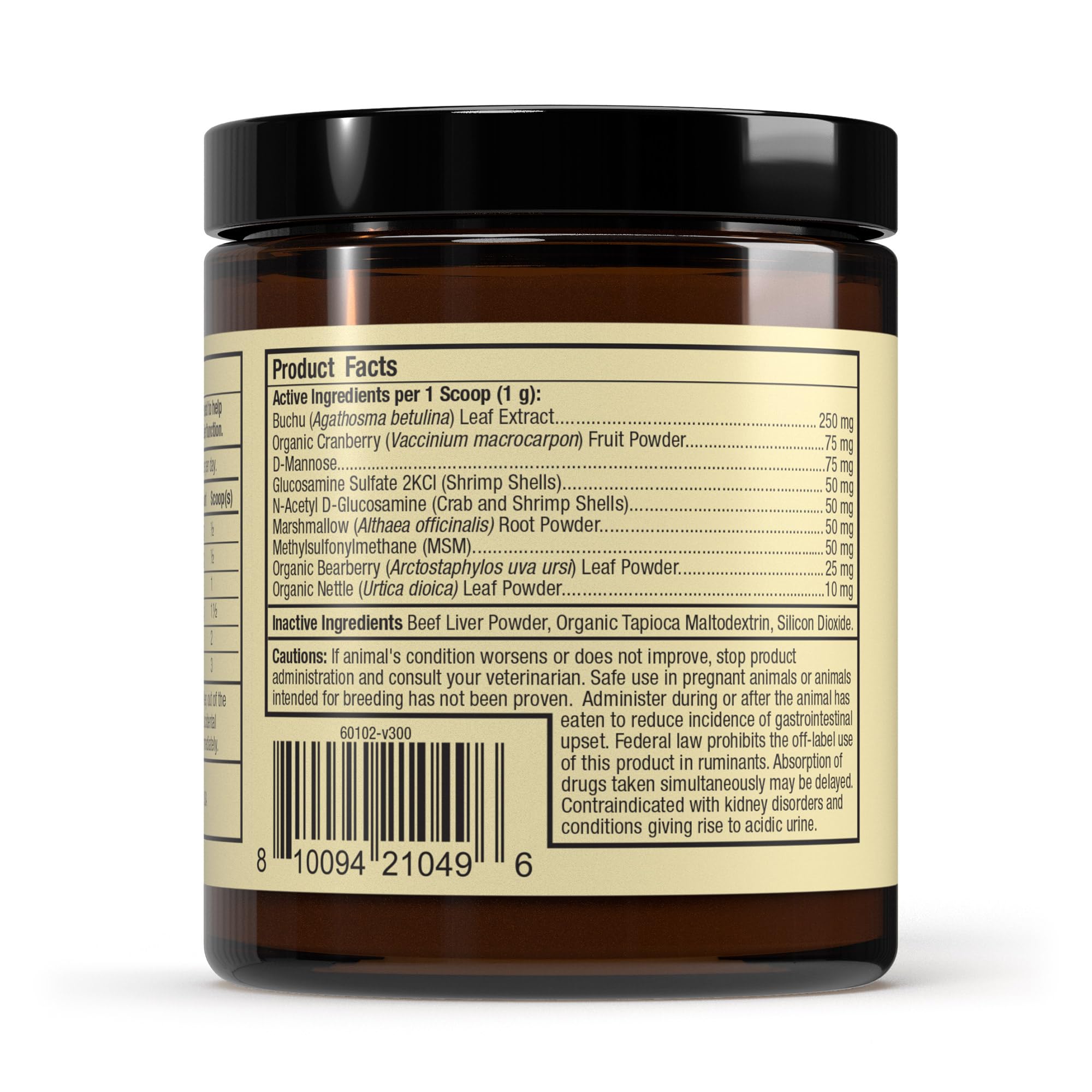 Dr. Mercola Bark & Whiskers bladder support powder scoop beside ingredients.