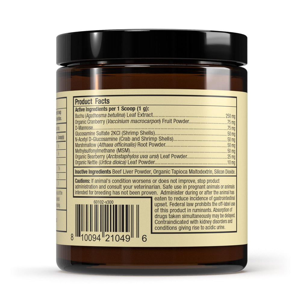 Dr. Mercola Bark & Whiskers bladder support powder scoop beside ingredients.