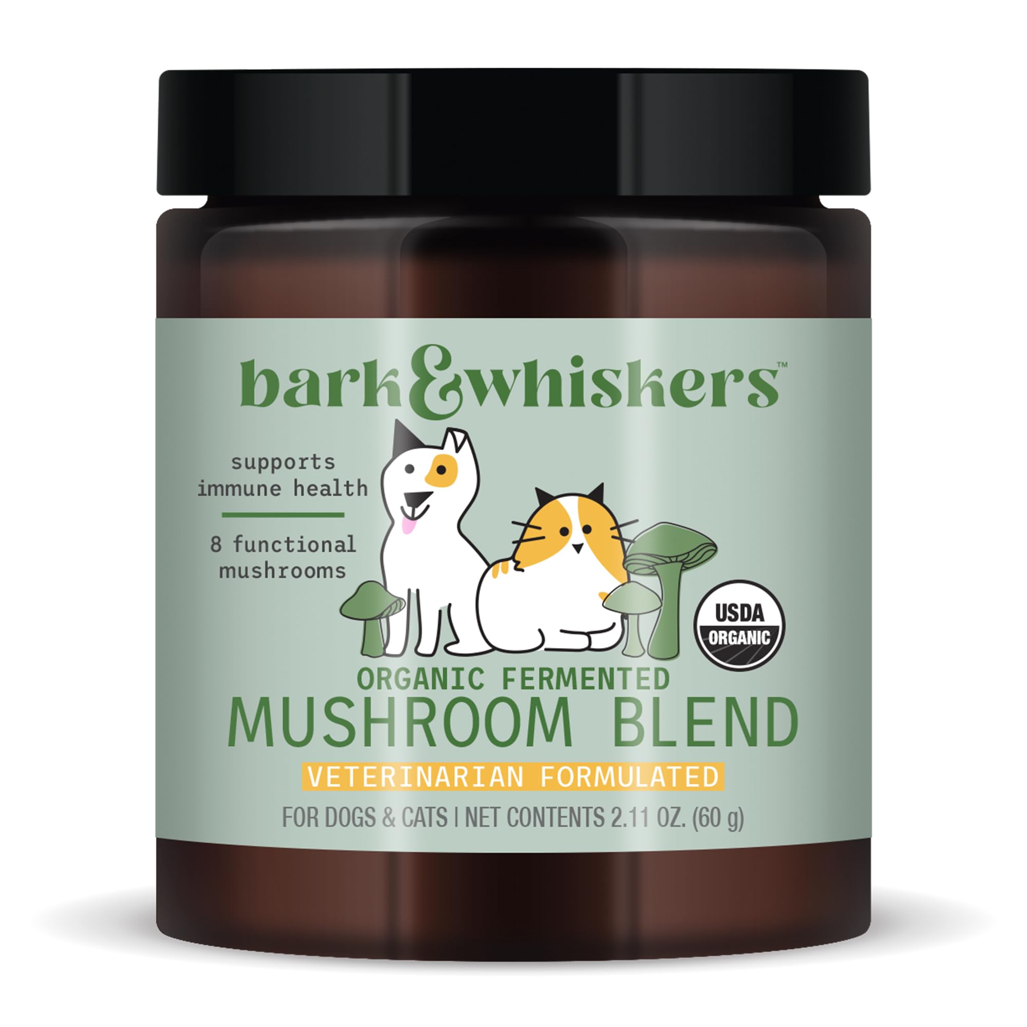 Dr. Mercola Bark & Whiskers bottle foreground for easy daily supplement use.