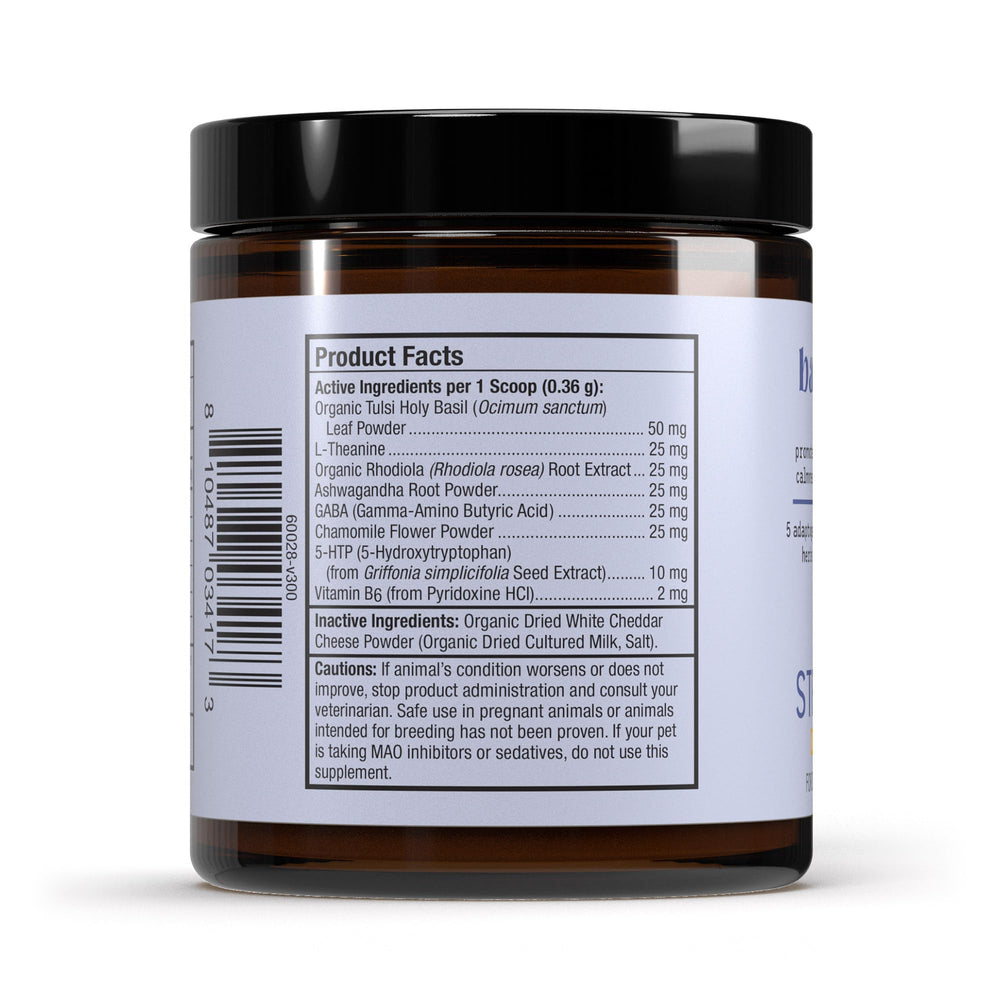 Dr. Mercola Bark & Whiskers calming ingredients like tulsi and L-theanine support pet stress resilience.