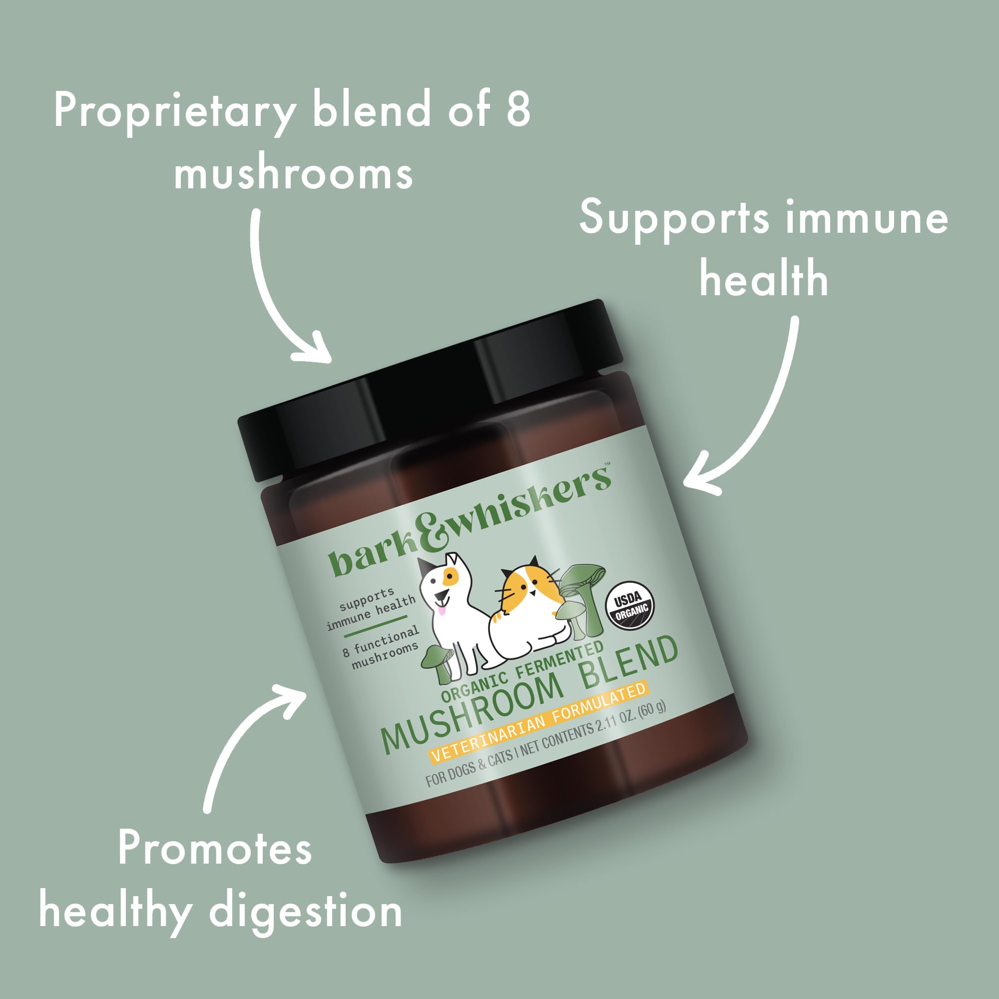 Cat paw near Bark & Whiskers powder for a pet-friendly routine.