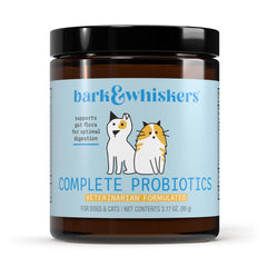 Dr. Mercola Bark & Whiskers complete probiotics tub highlights pet gut health support.