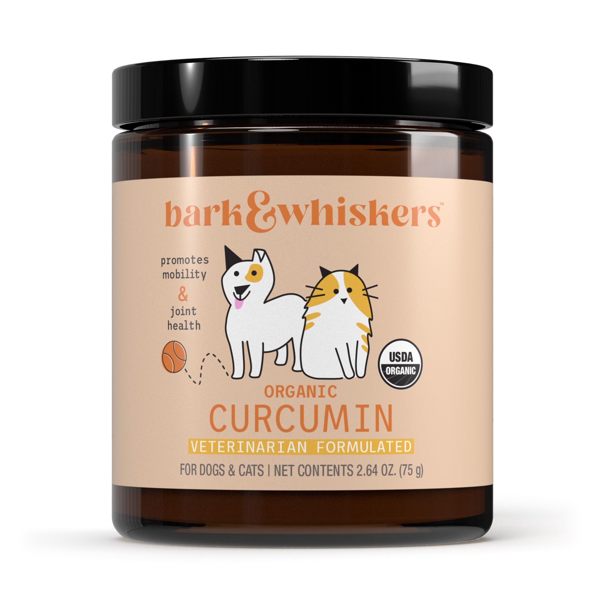 Dr. Mercola Bark & Whiskers curcumin bottle promotes joint comfort with organic formula.