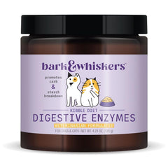 Dr Mercola Bark & Whiskers digestive enzymes bottle pour supports kibble digestion.