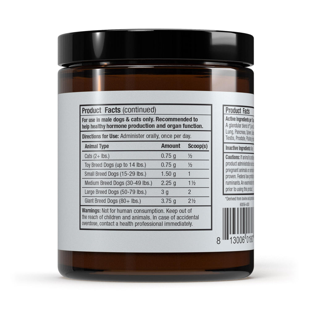 Closeup of Dr Mercola Bark & Whiskers glandular blend highlighting hormone-free organ support