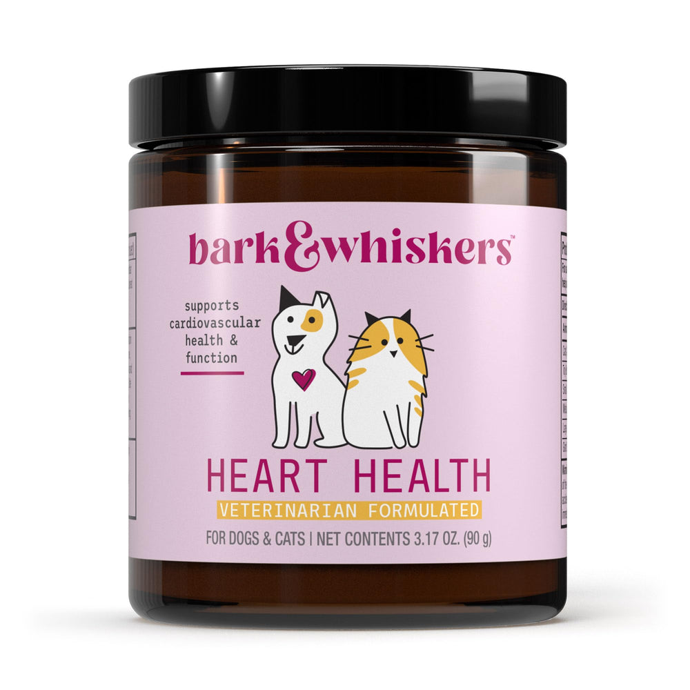 Dr. Mercola Bark & Whiskers heart-health bottle helps support your pet's heart health.