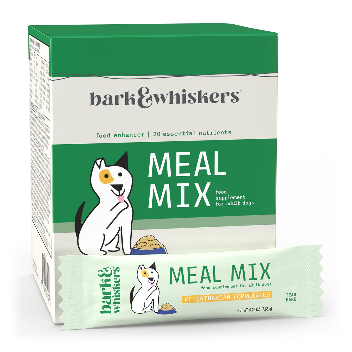 Dr. Mercola Bark & Whiskers Meal Mix package front shows non GMO gluten free balance