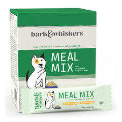 Dr. Mercola Bark & Whiskers Meal Mix package front shows non GMO gluten free balance