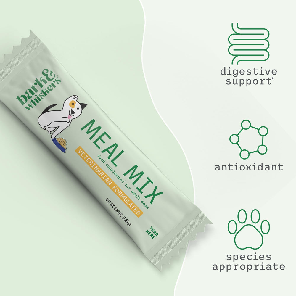 Dr. Mercola Bark & Whiskers meal mix packets close up highlights 20 essential vitamins and minerals
