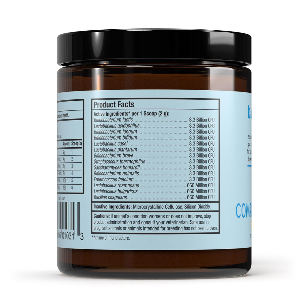 Dr. Mercola Bark & Whiskers probiotic scoop sprinkled over food for daily gut support.