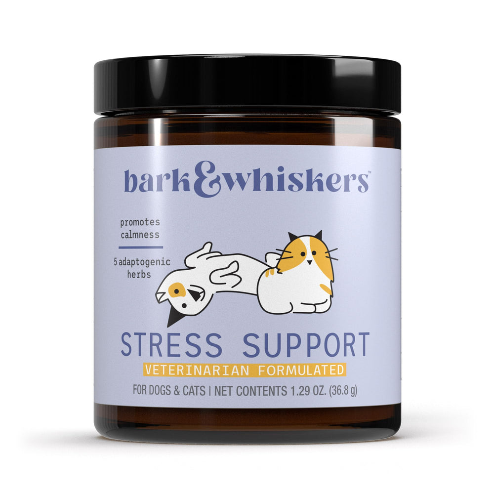 Dr. Mercola Bark & Whiskers Stress Support packaging front highlights a calming supplement for pets.
