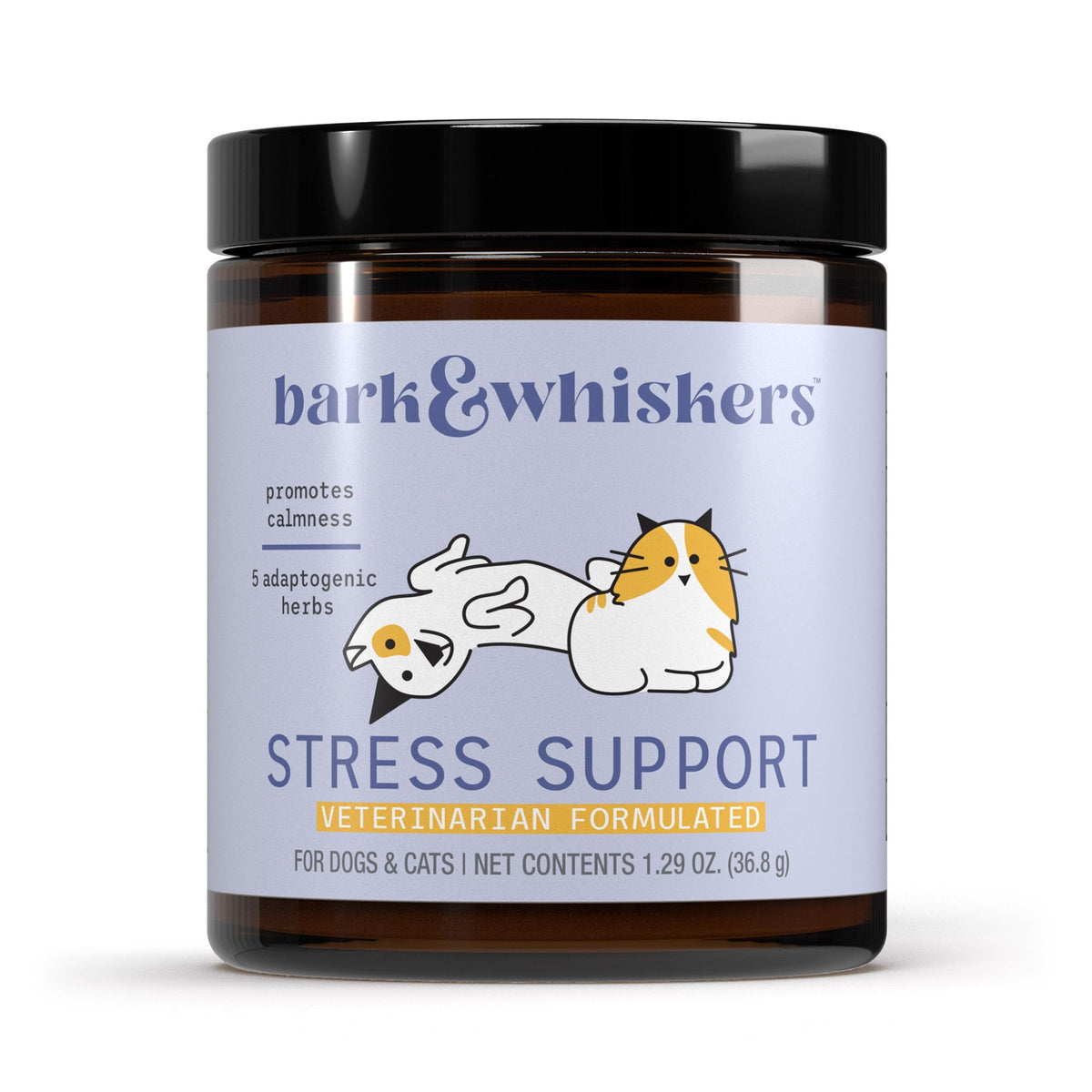 Dr. Mercola Bark & Whiskers Stress Support packaging front highlights a calming supplement for pets.