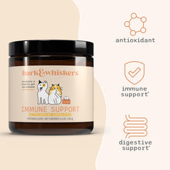 Dr. Mercola Bark and Whiskers Immune Support veterinarian-formulated label signals professional care.