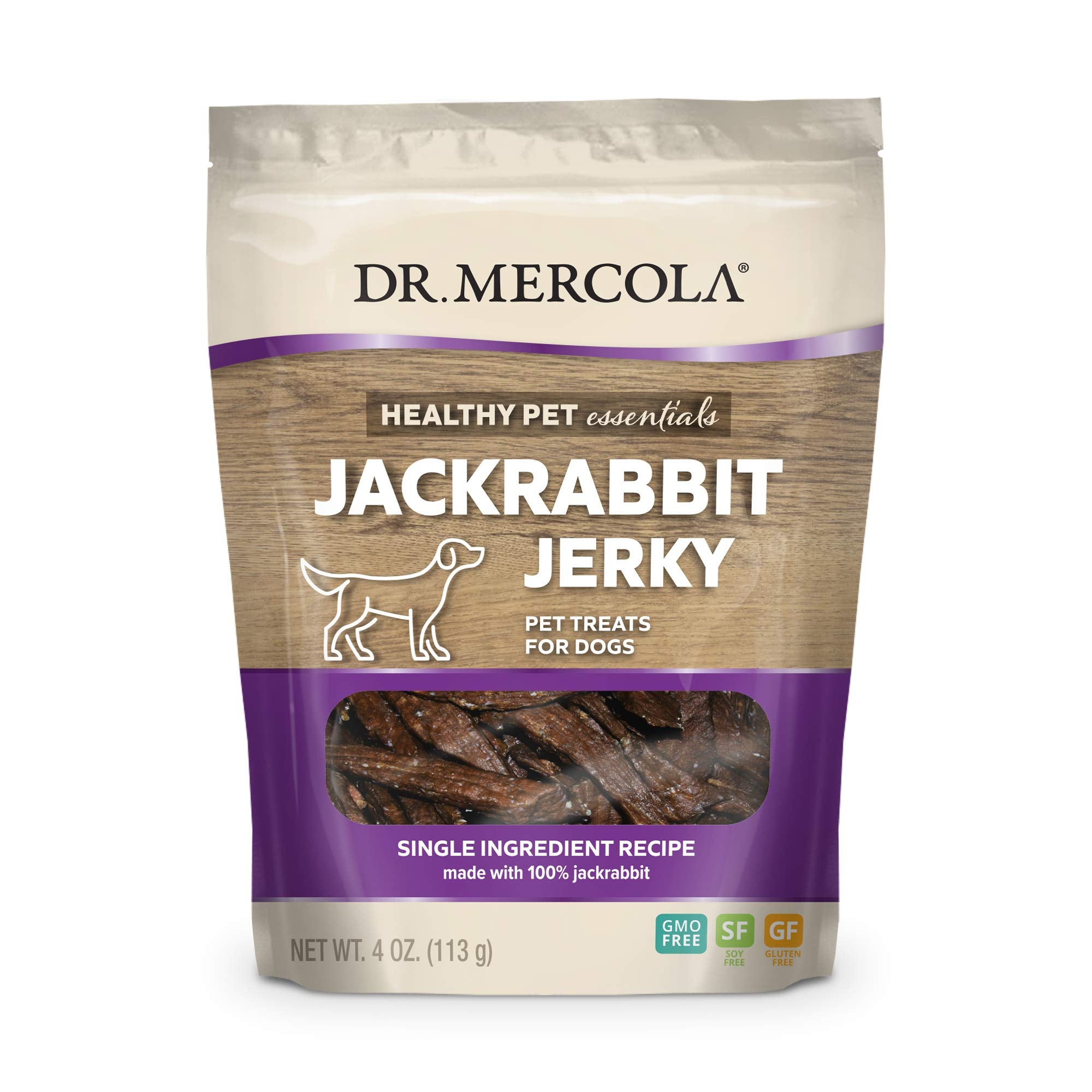 Dr. Mercola Jackrabbit Jerky bag, premium dog treat for training.