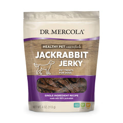 Dr. Mercola Jackrabbit Jerky bag, premium dog treat for training.