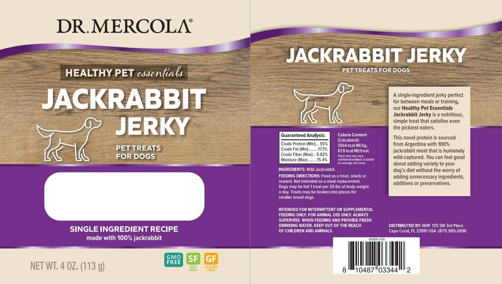 Dr. Mercola Jackrabbit Jerky treats close-up, single-ingredient protein snack.