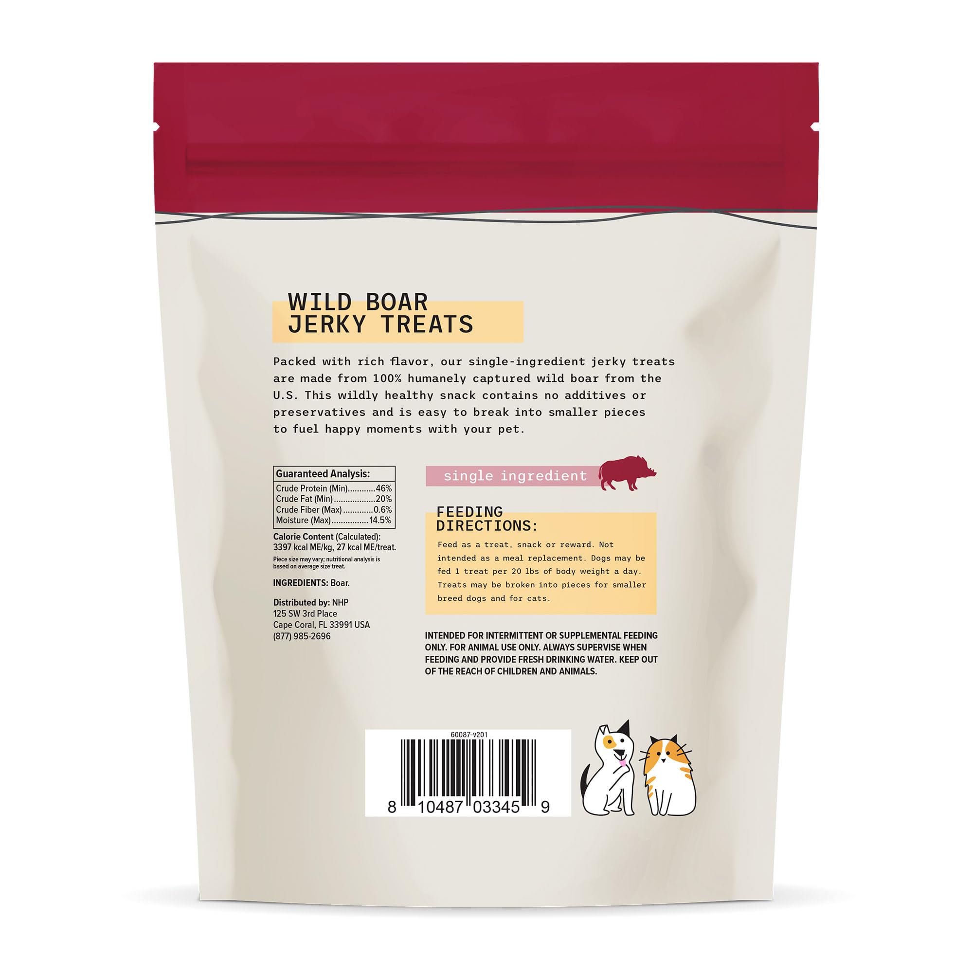 Dr. Mercola Wild Boar Jerky close-up highlights single-ingredient, grain-free snacking for picky eaters.