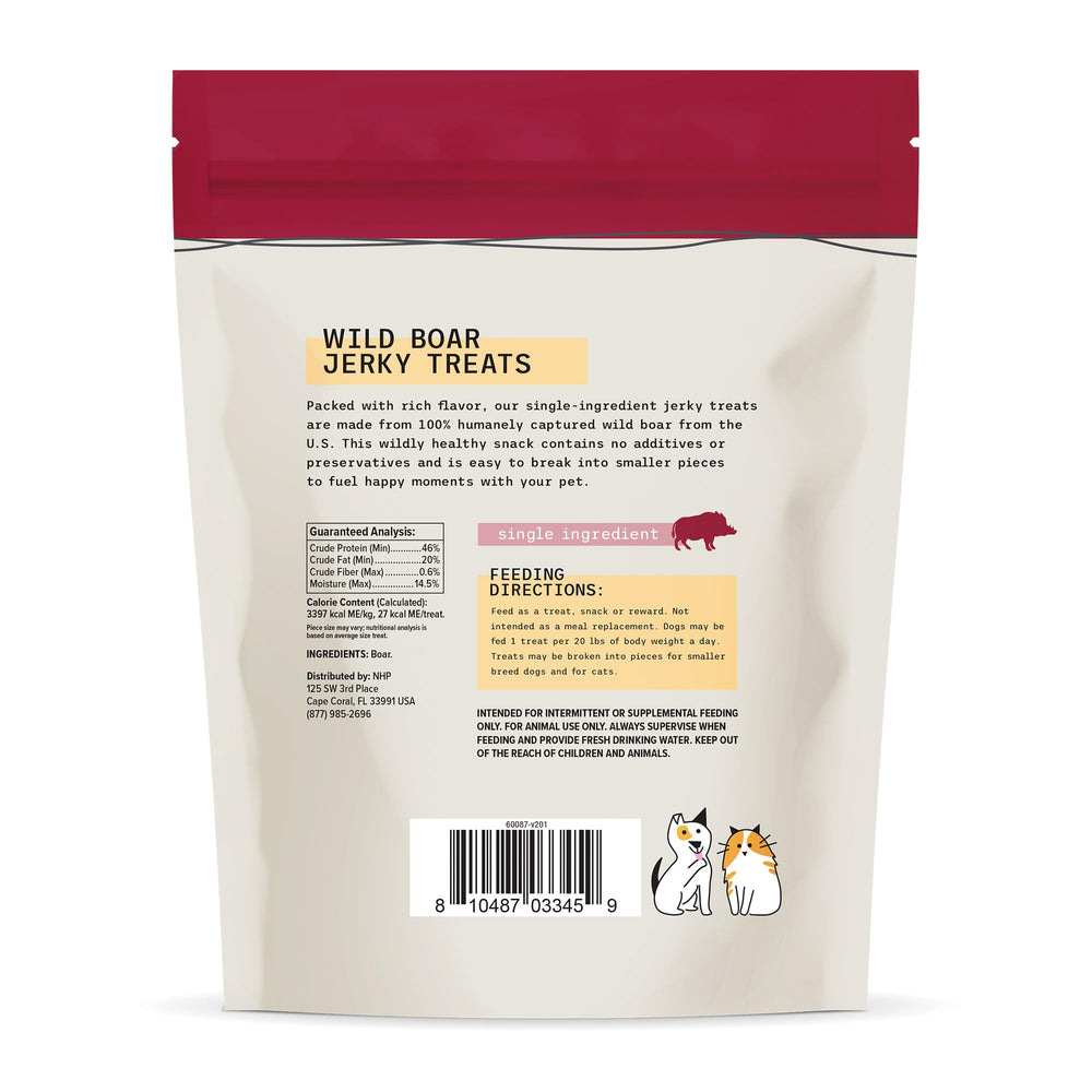 Dr. Mercola Wild Boar Jerky close-up highlights single-ingredient, grain-free snacking for picky eaters.
