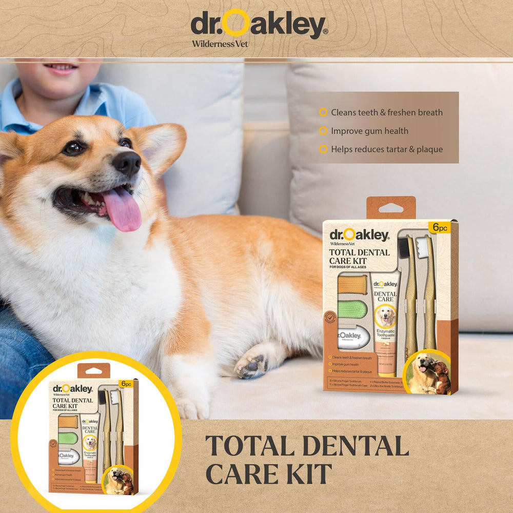 Dr. Oakley Total Dental Care Kit in-use image demonstrates simple daily brushing routine.