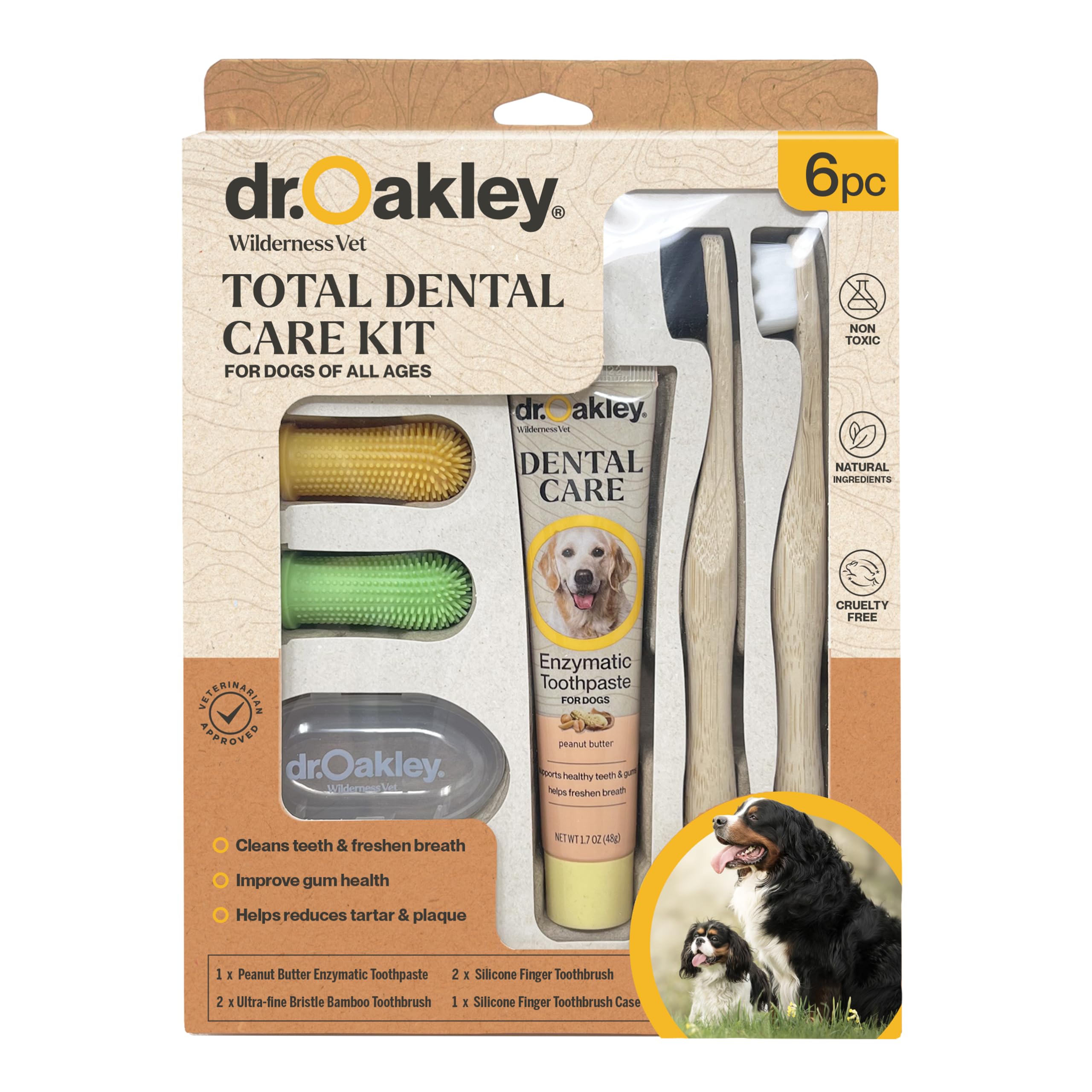 Dr. Oakley Total Dental Care Kit toothpaste in peanut butter flavor motivates daily brushing.
