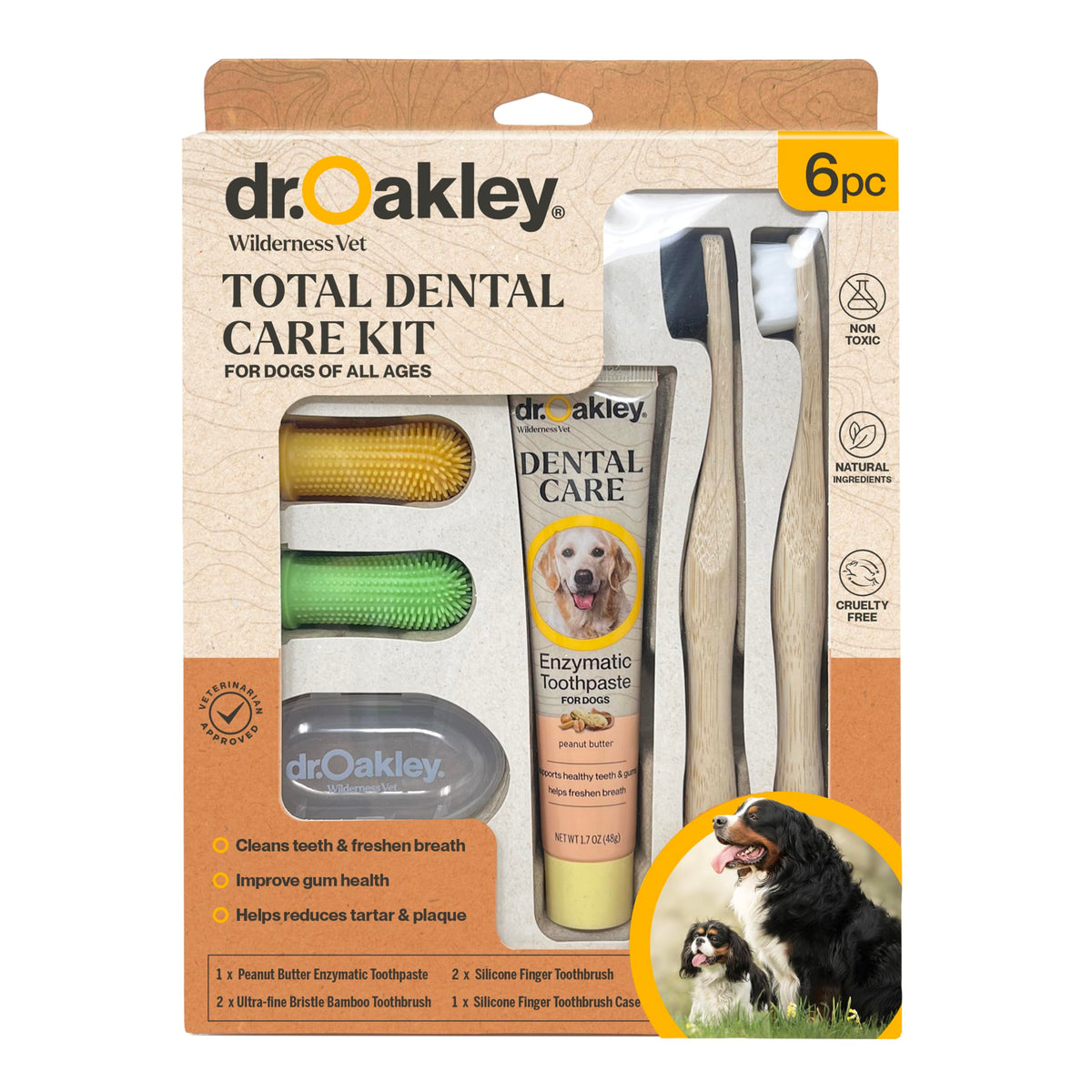 Dr. Oakley Total Dental Care Kit toothpaste in peanut butter flavor motivates daily brushing.