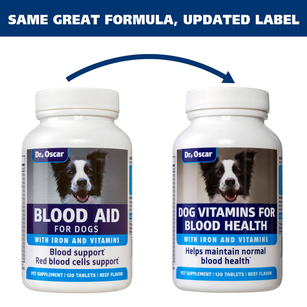 Dr. Oscar Blood Aid for Dogs tablets stacked illustrating iron-rich supplement.