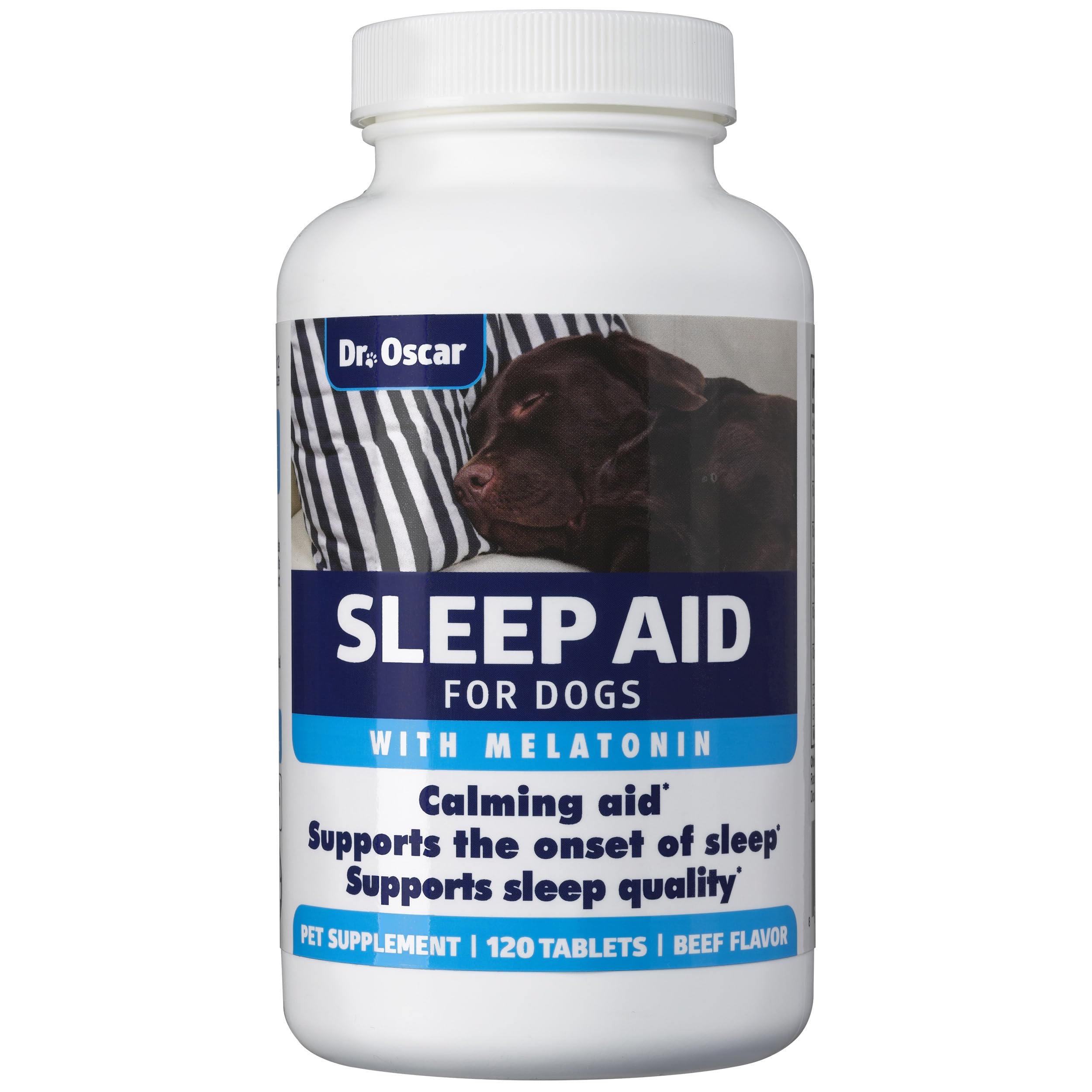 Dr. Oscar Dog Sleep Aid bottle closeup for calm nighttime support.