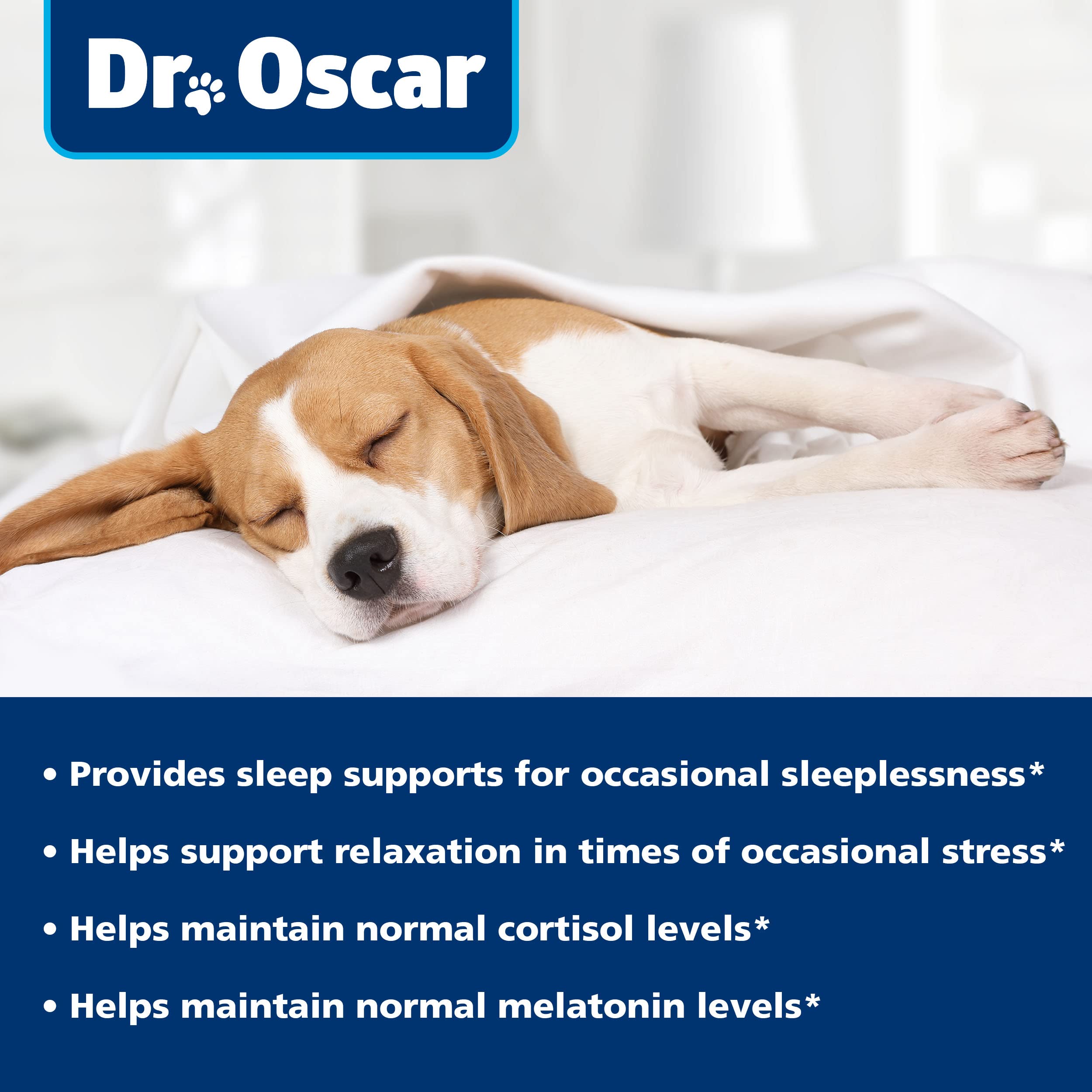 Dr. Oscar Dog Sleep Aid packaging front highlighting natural ingredients.