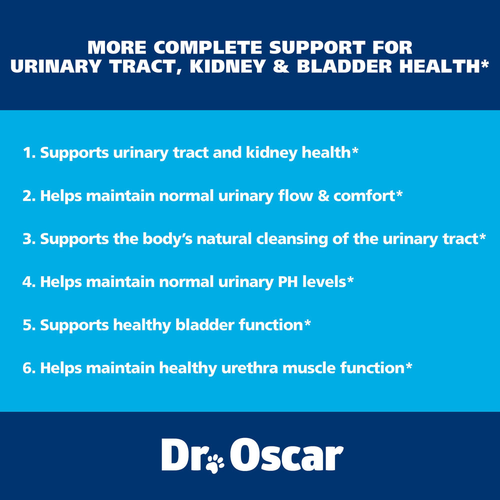 Dr. Oscar Dog UTI bottle pour shows convenient chewable tablets for daily urinary support.
