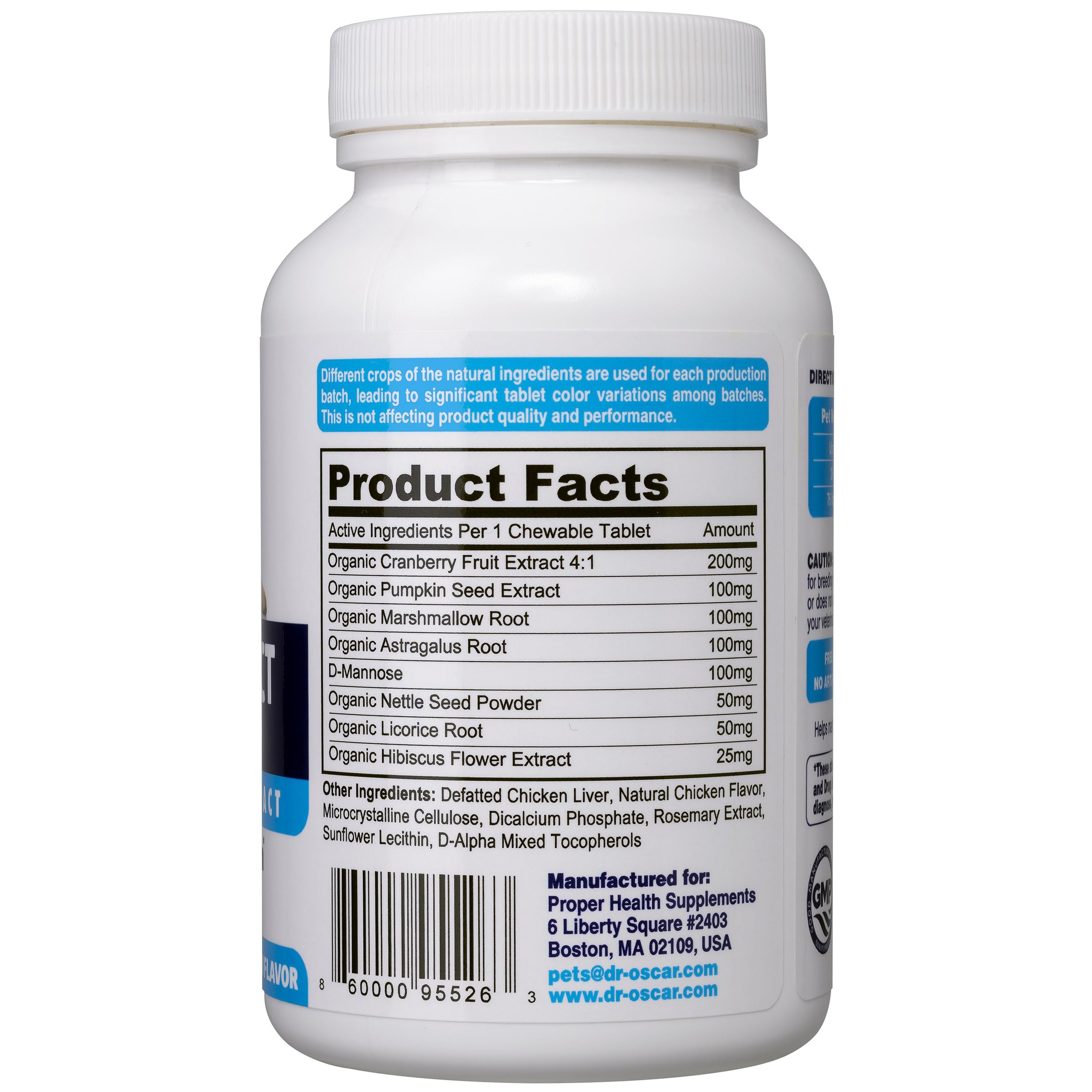Dr. Oscar Dog UTI label close-up highlights cranberry, hibiscus, and d-mannose ingredients.