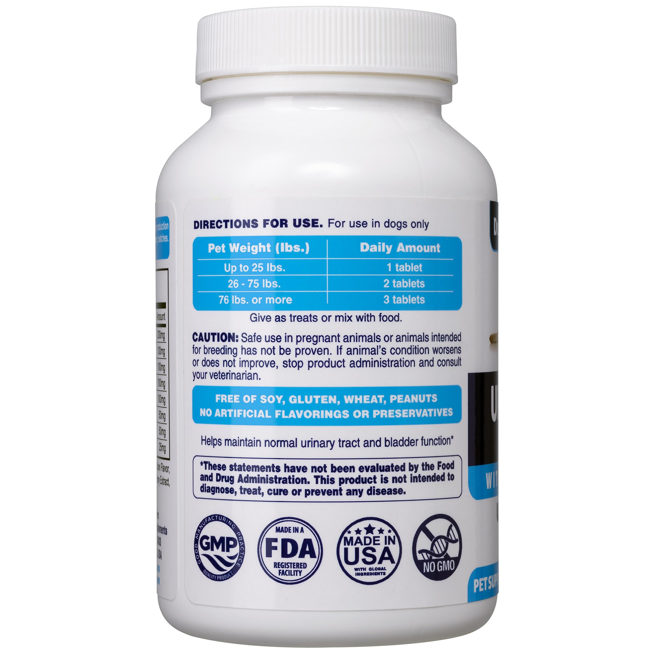 Dr. Oscar Dog UTI tablets close-up emphasizes pumpkin seed extract for bladder health.