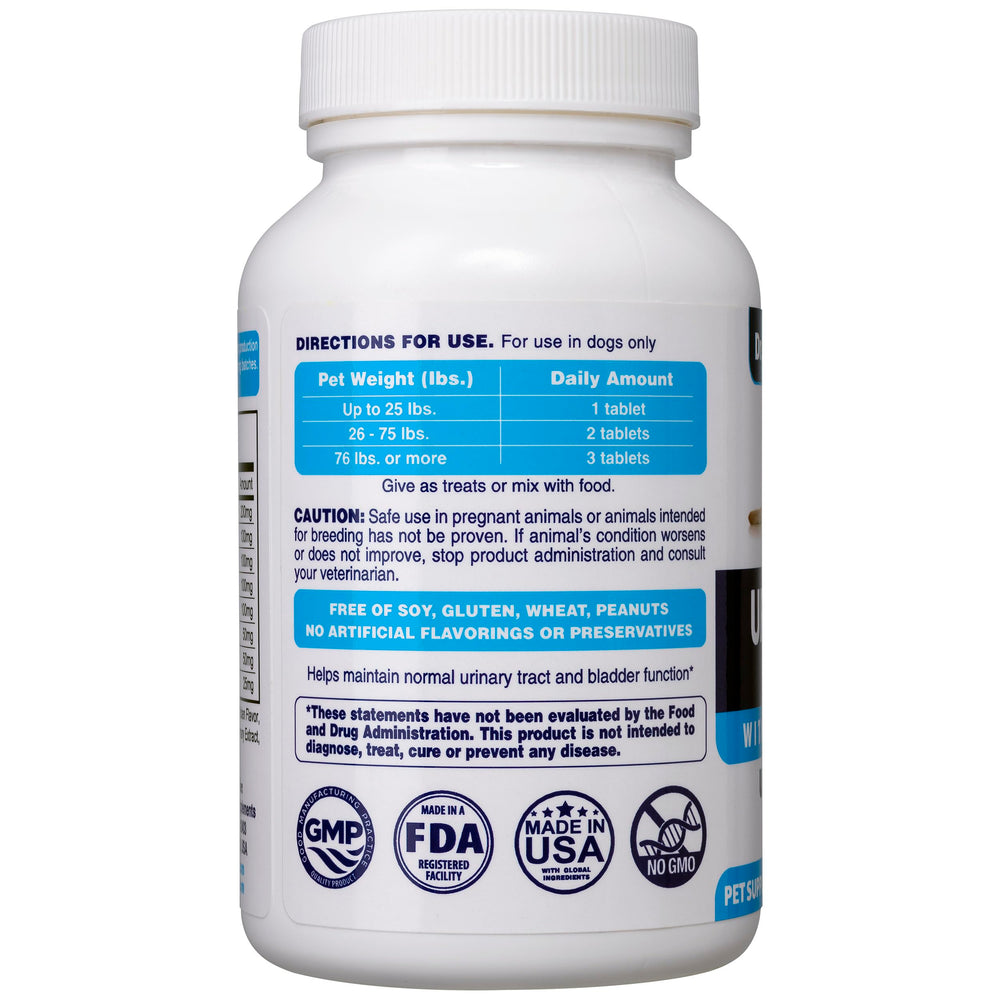 Dr. Oscar Dog UTI tablets close-up emphasizes pumpkin seed extract for bladder health.