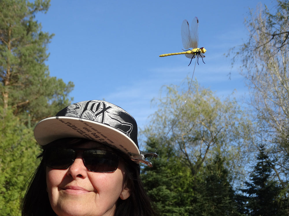 Dragonfly Wingman closeup reveals dragonfly-inspired design and natural materials.