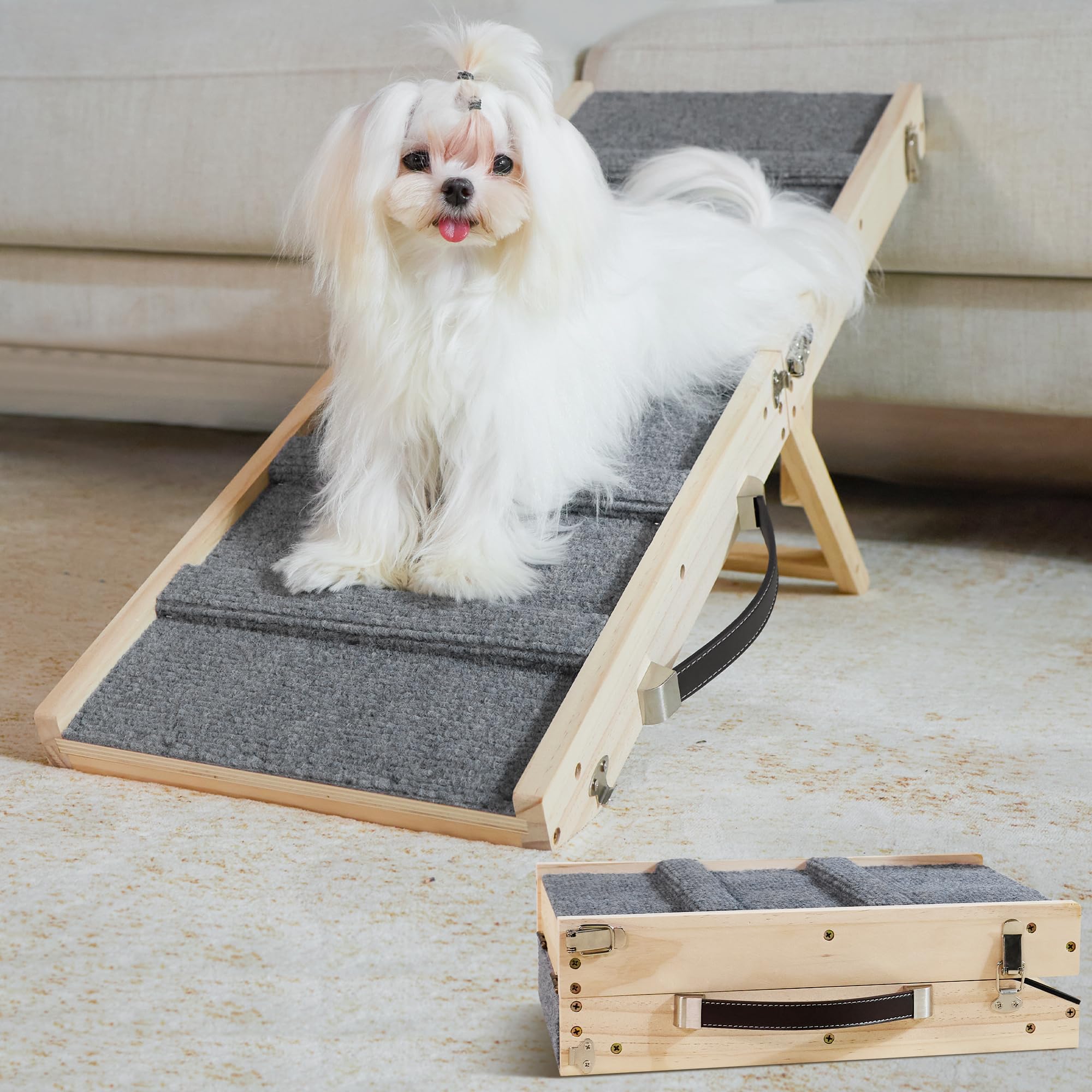 Drakthos dog ramp folded for compact storage and easy portability.
