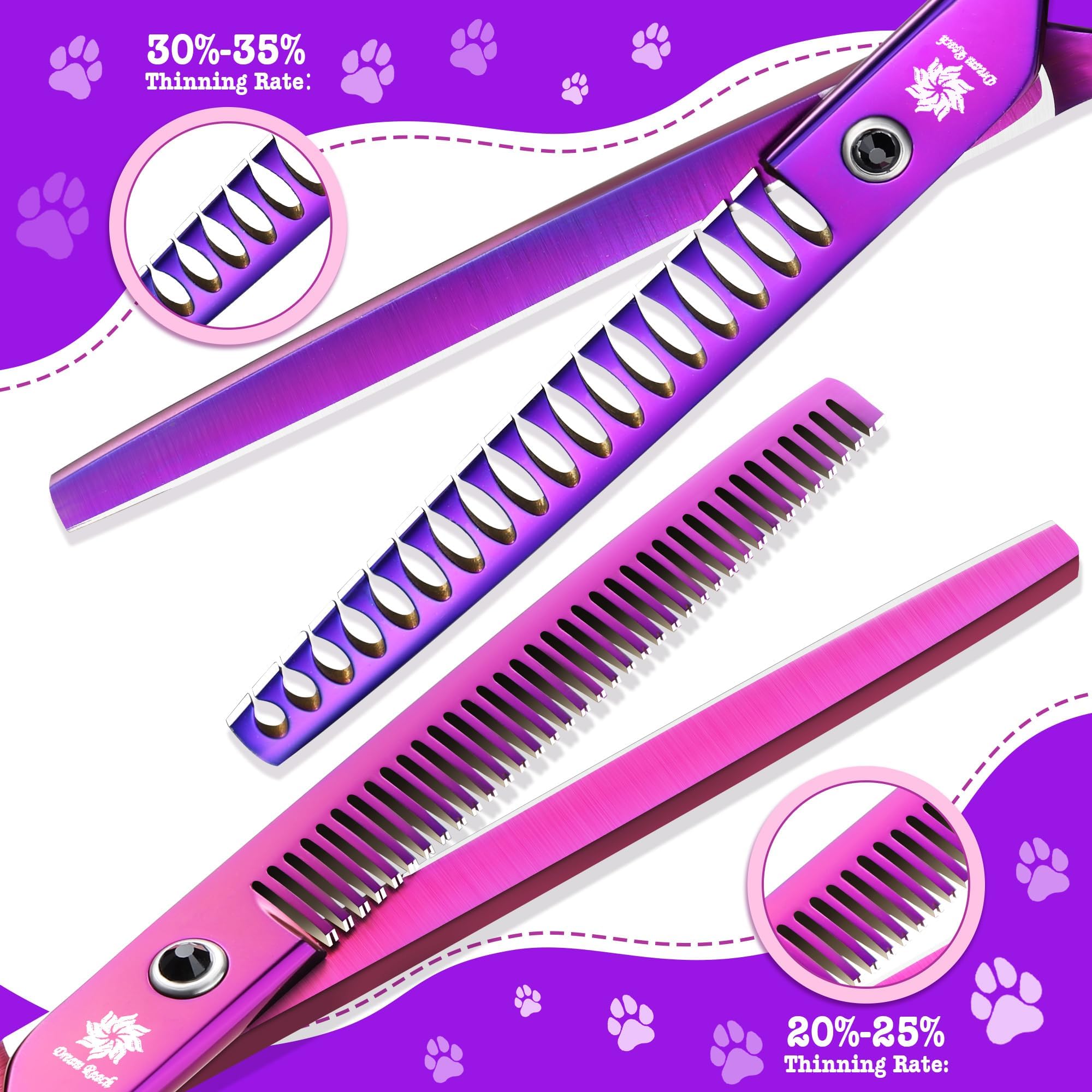 Dream Reach curved dog grooming scissors close-up highlighting smooth shaping of fur.