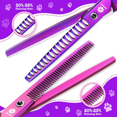 Dream Reach curved dog grooming scissors close-up highlighting smooth shaping of fur.