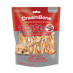 DreamBone Twist Sticks chicken-wrapped image shows real chicken for tasty, satisfying chews