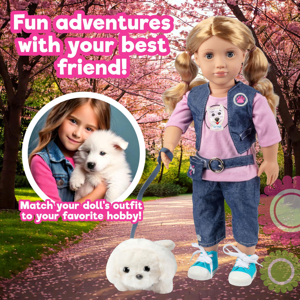 Dress Along Dolly dog walker dog plush leash fosters nurturing storytelling adventures.