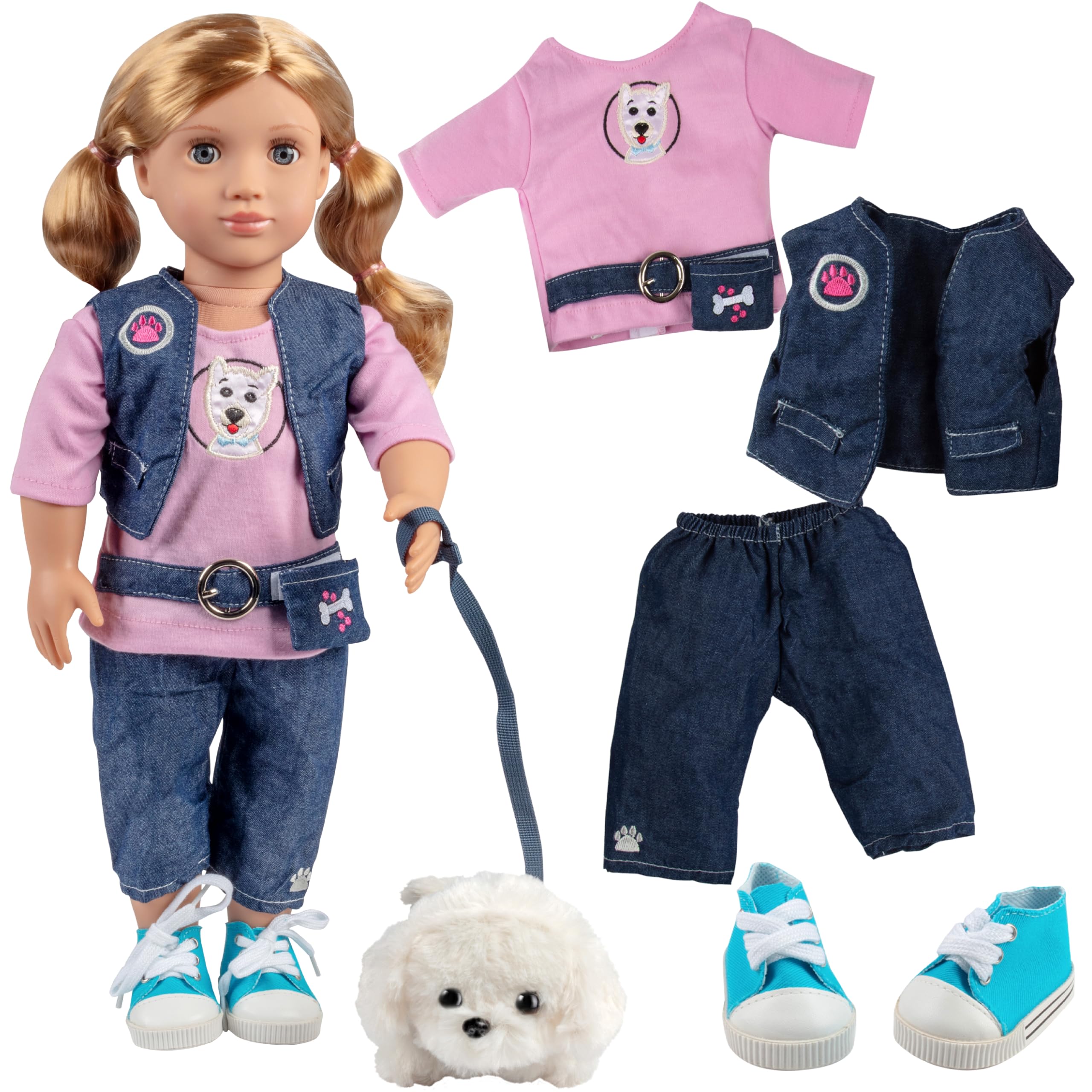 Dress Along Dolly dog walker outfit t-shirt for 18-inch dolls enhances realistic pretend play.