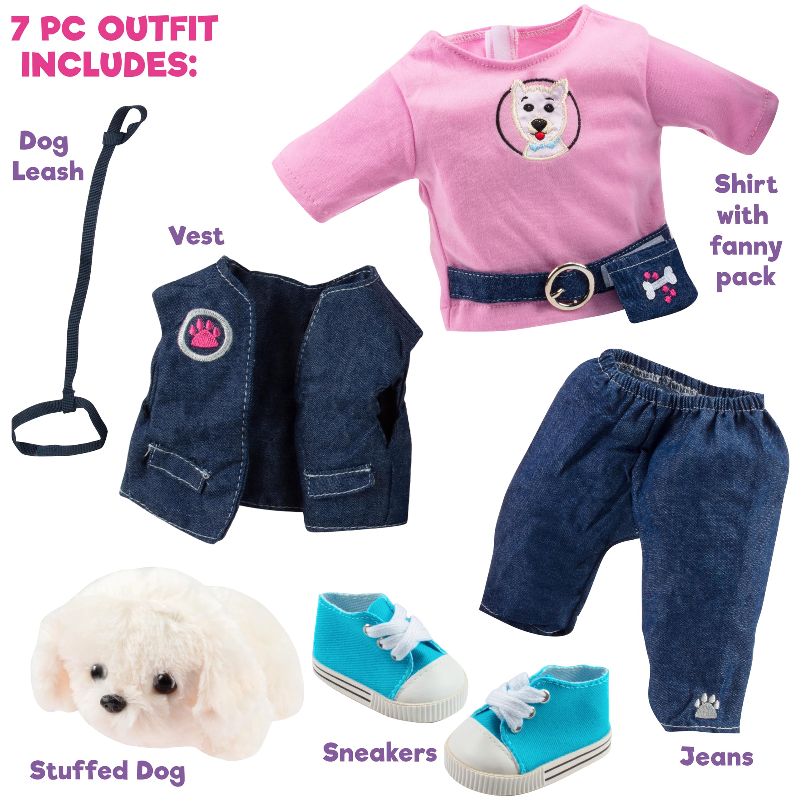 Dress Along Dolly dog walker outfit vest adds layered style for imaginative adventures.