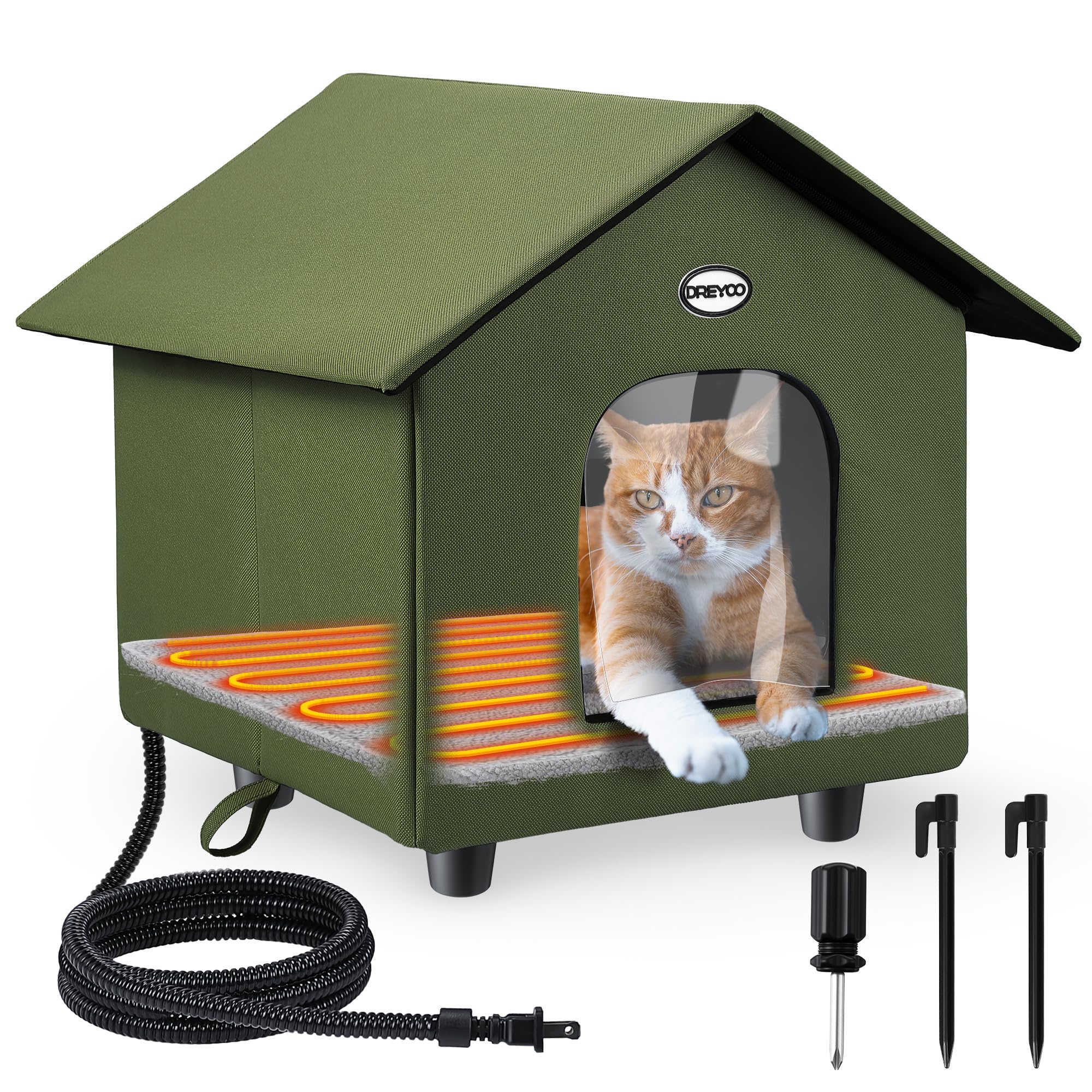 Dreyoo heated cat house outdoor tent provides cozy warmth for outdoor cats