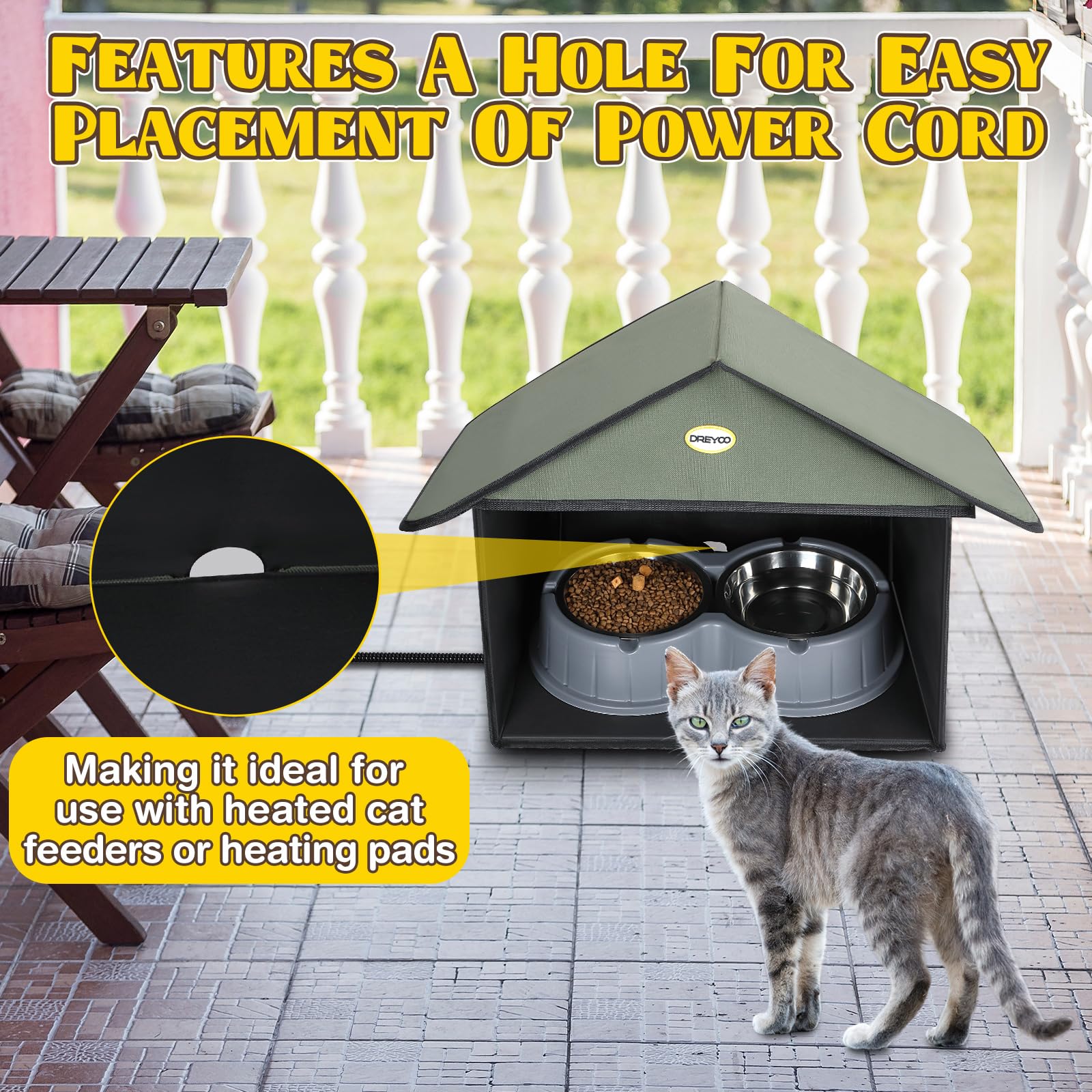 Dreyoo outdoor feeding station measures 13 inches deep, 17 inches wide, 15.5 inches high