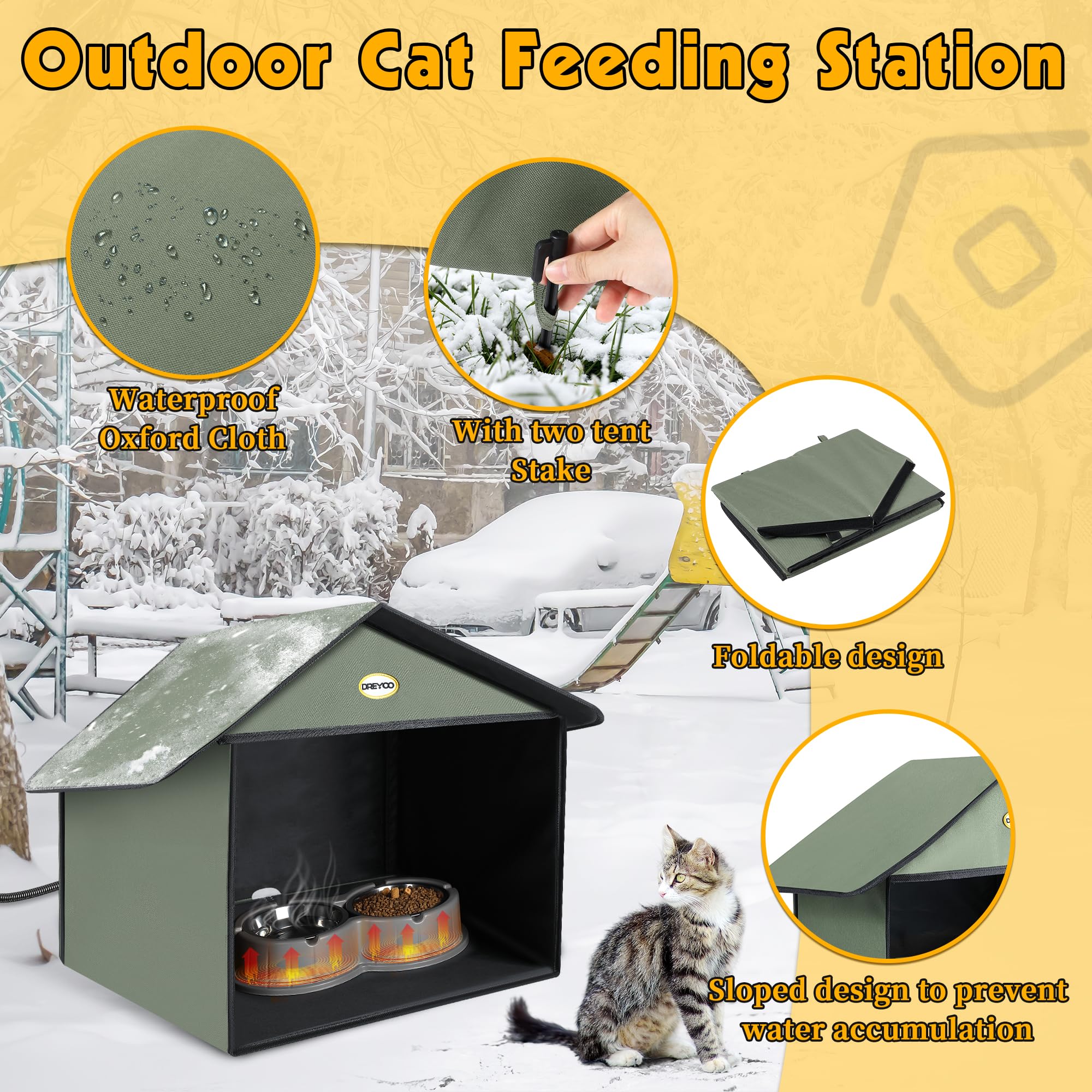 Dreyoo outdoor cat feeding station double heated bowls provide warm meals in cold weather.