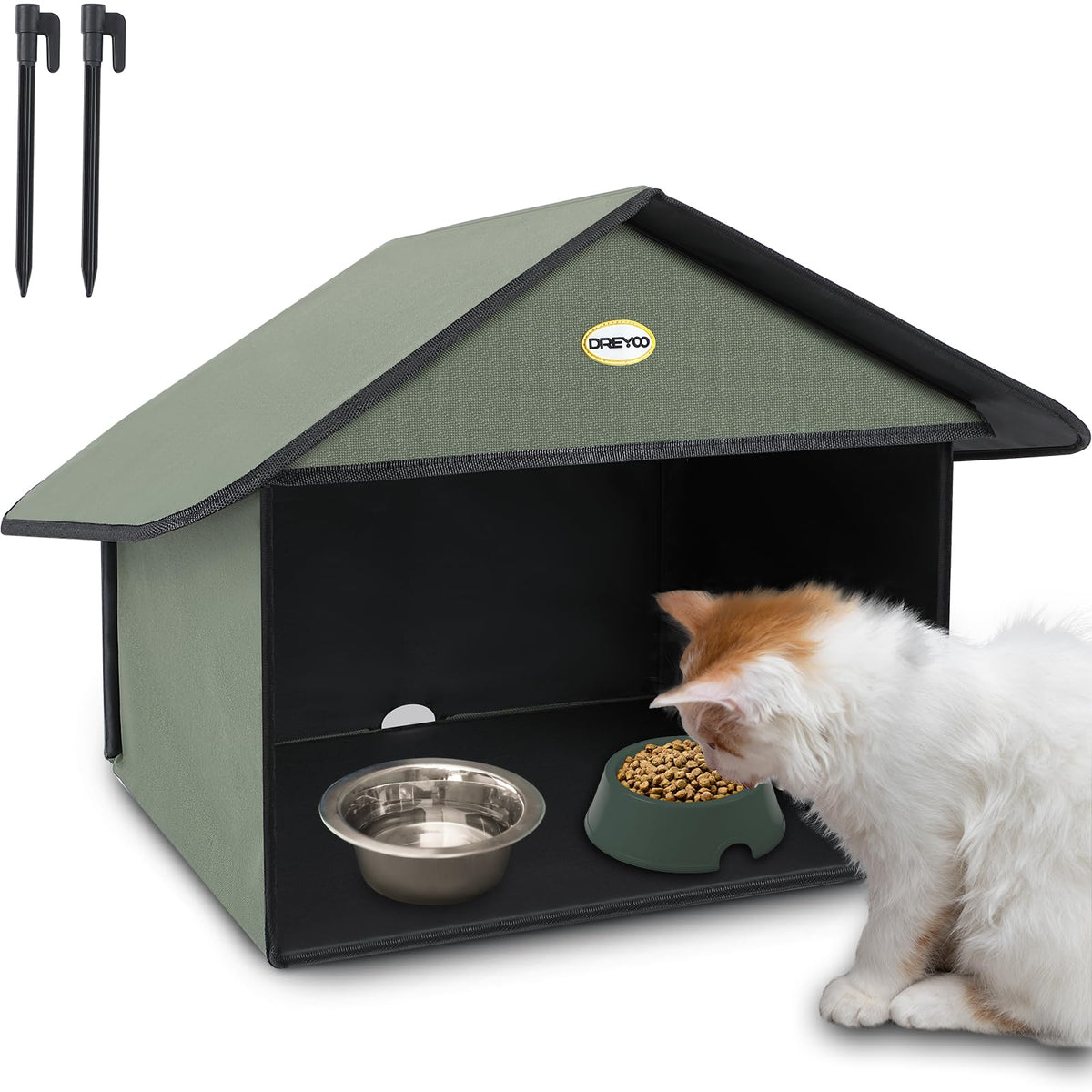 Dreyoo outdoor cat feeding station with weatherproof roof protects food from rain